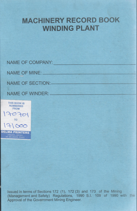 Machinery Record Book Winding Plant